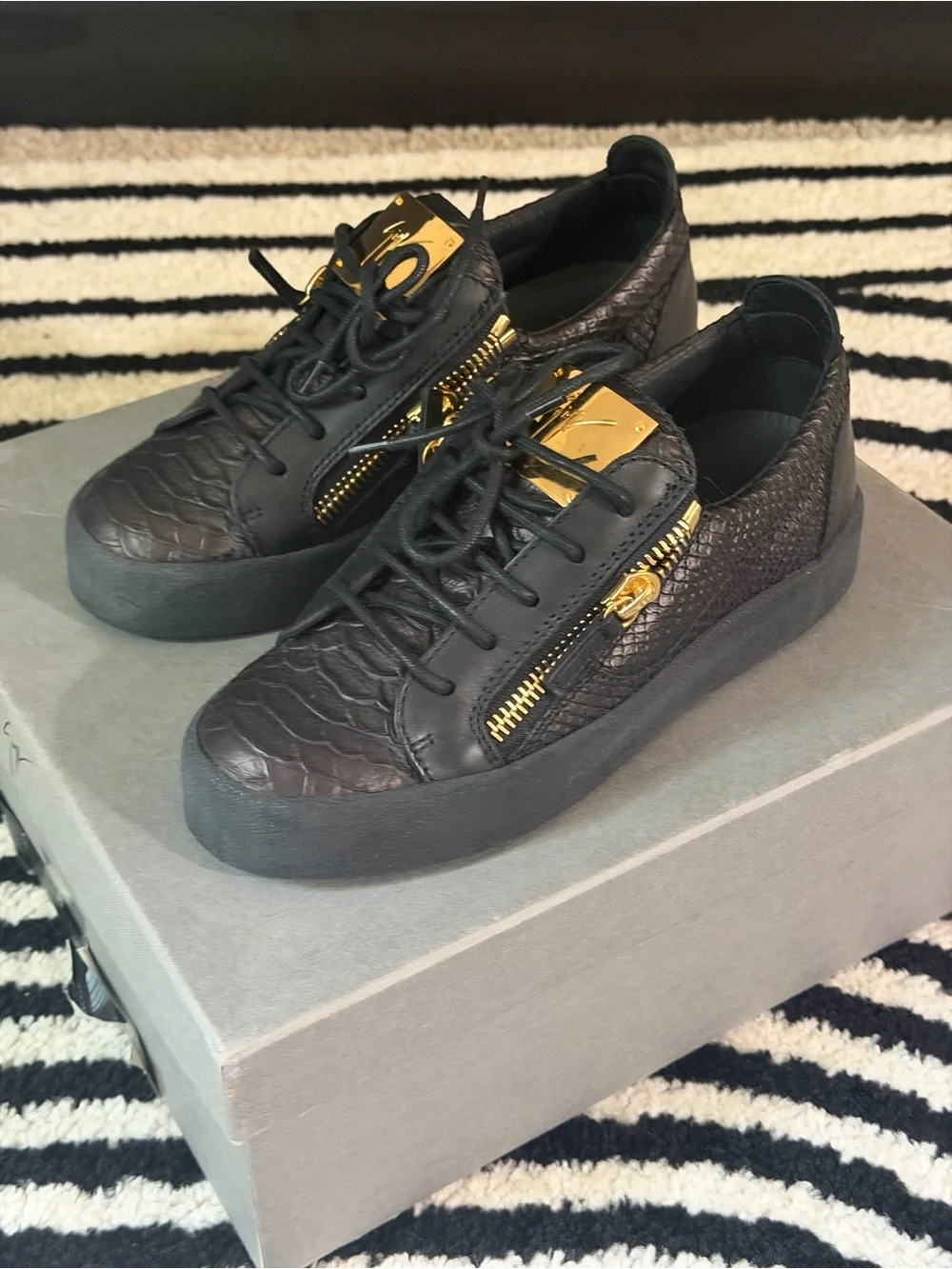 Giuseppe Zanotti Black Leather Low-Top Sneakers with Gold Hardware